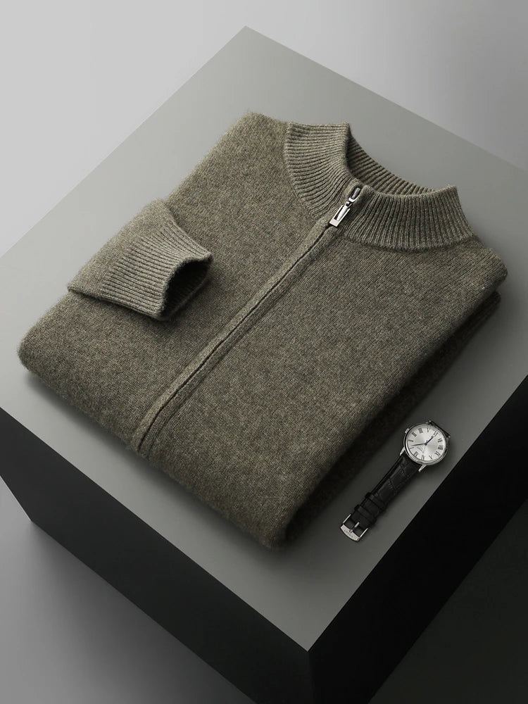Men's Merino Cardigan with Full Zip and Mock Neck