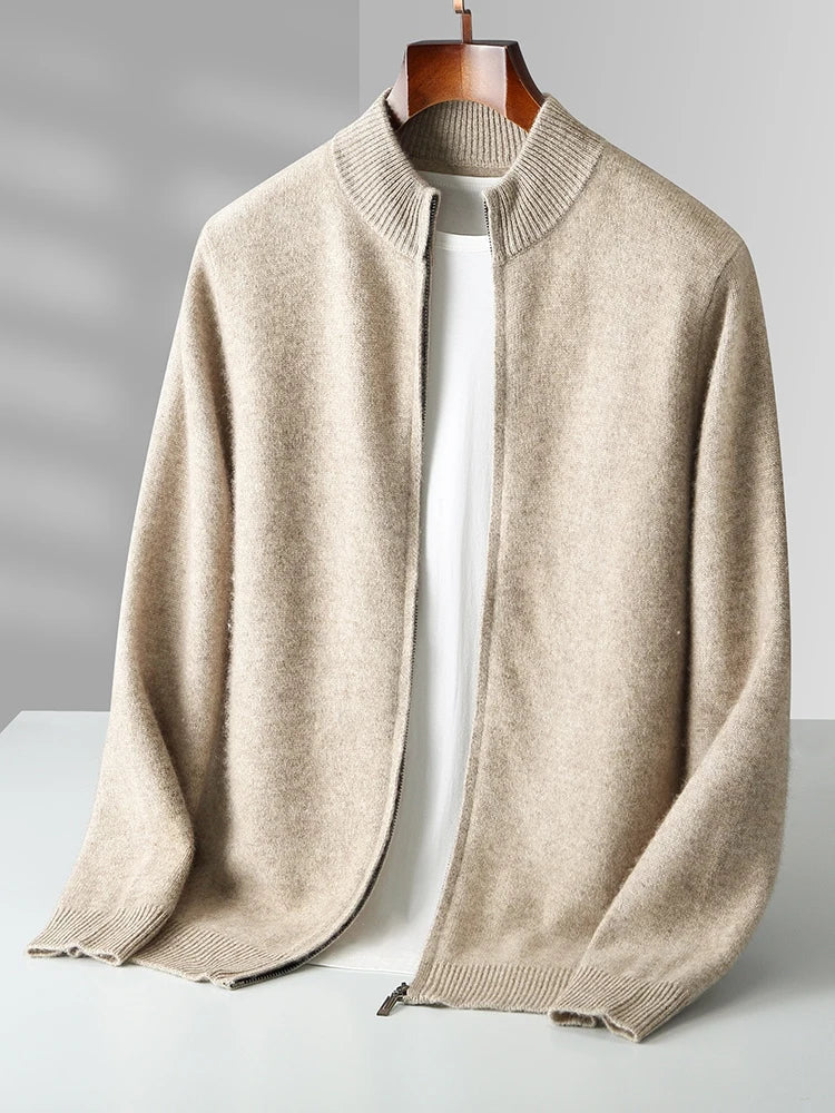 Men's Merino Cardigan with Full Zip and Mock Neck
