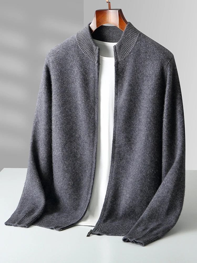 Men's Merino Cardigan with Full Zip and Mock Neck