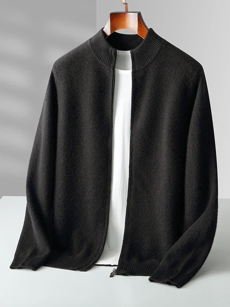 Men's Merino Cardigan with Full Zip and Mock Neck