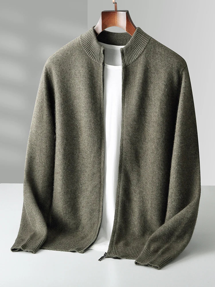 Men's Merino Cardigan with Full Zip and Mock Neck