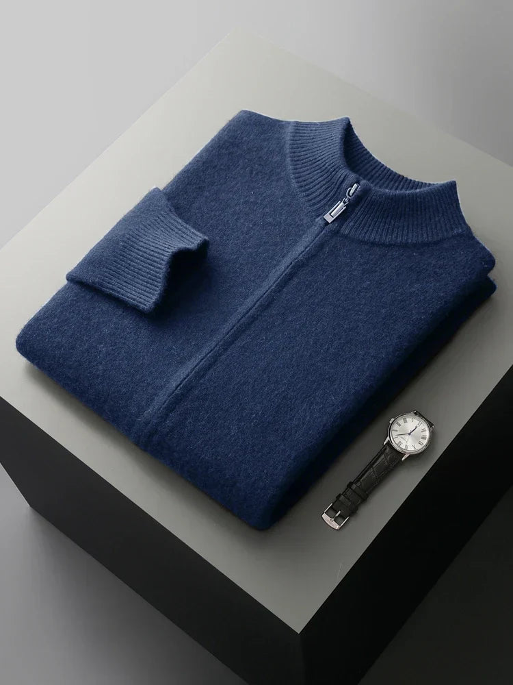 Men's Merino Cardigan with Full Zip and Mock Neck