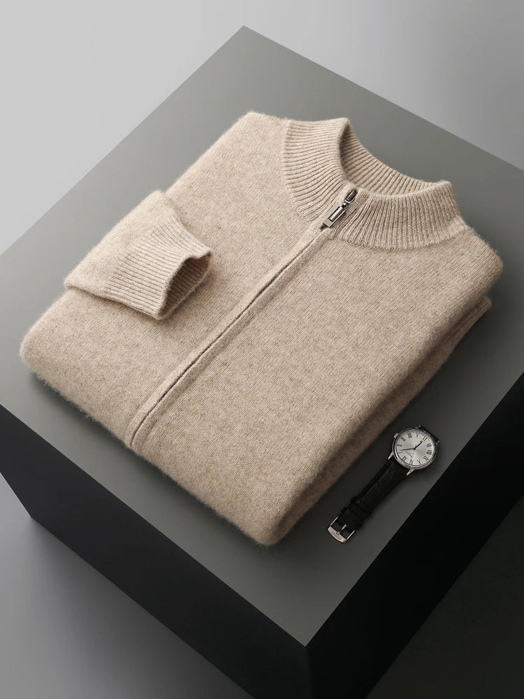Men's Merino Cardigan with Full Zip and Mock Neck