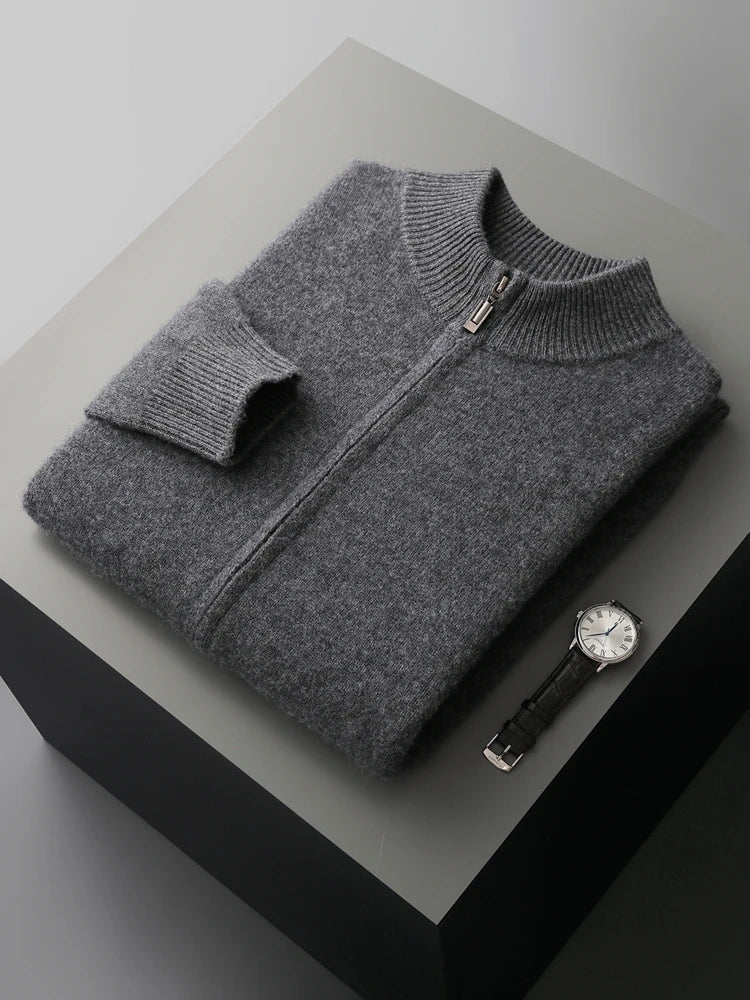 Men's Merino Cardigan with Full Zip and Mock Neck