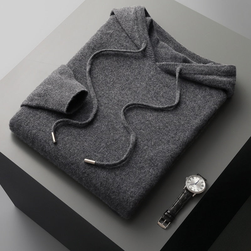 Men's Merino Knit Hoodie with Drawstrings and Ribbed Trim
