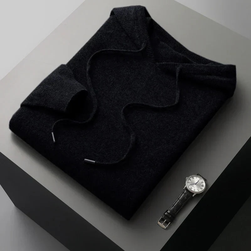Men's Merino Knit Hoodie with Drawstrings and Ribbed Trim