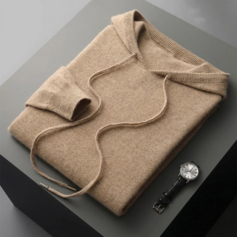 Men's Merino Knit Hoodie with Drawstrings and Ribbed Trim