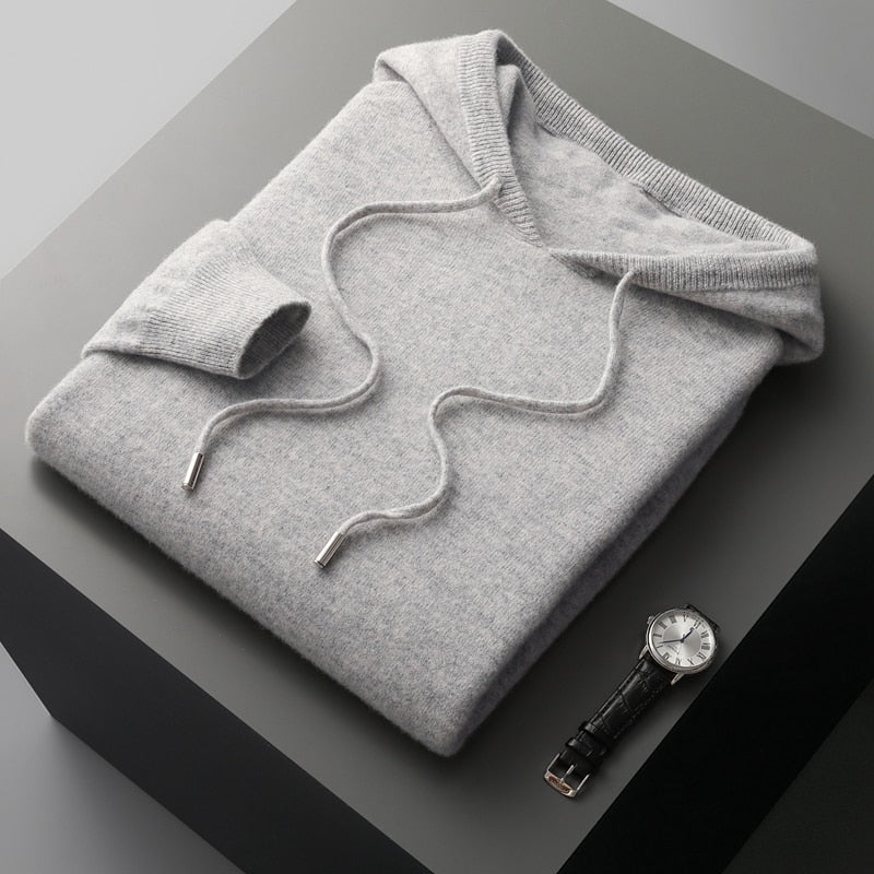 Men's Merino Knit Hoodie with Drawstrings and Ribbed Trim