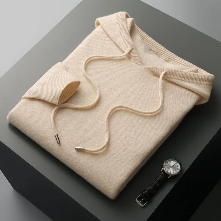 Men's Merino Knit Hoodie with Drawstrings and Ribbed Trim