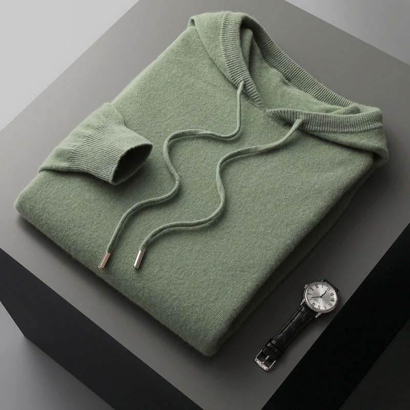 Men's Merino Knit Hoodie with Drawstrings and Ribbed Trim