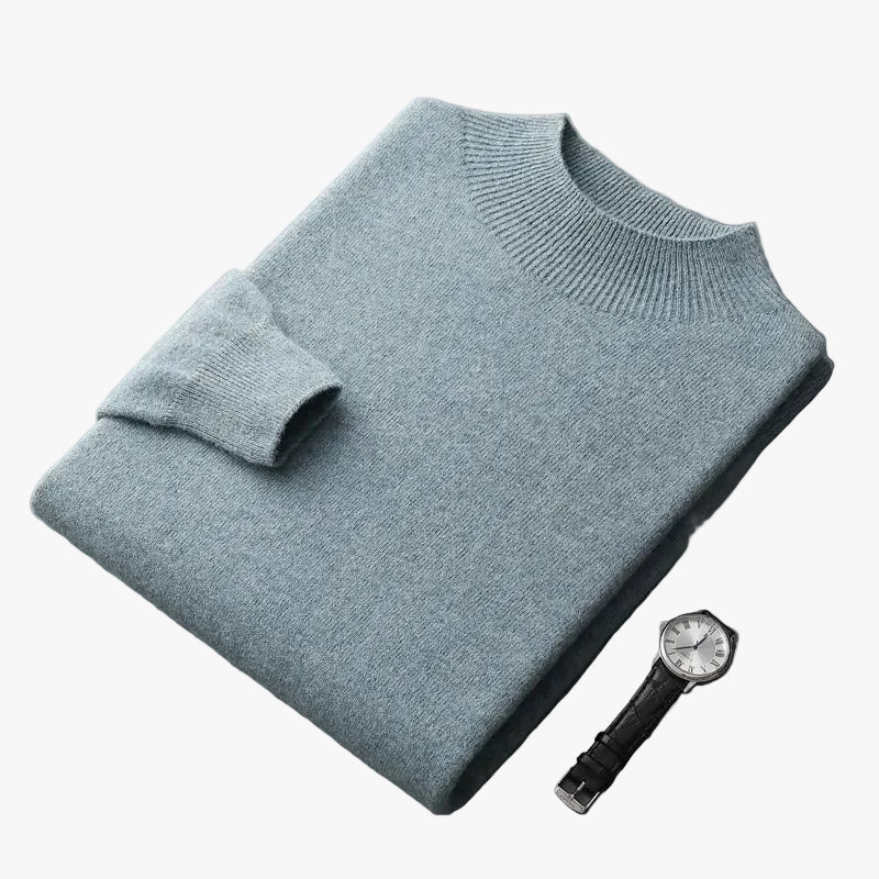 Men's Merino Sweater with Ribbed Mock Neck and Hem