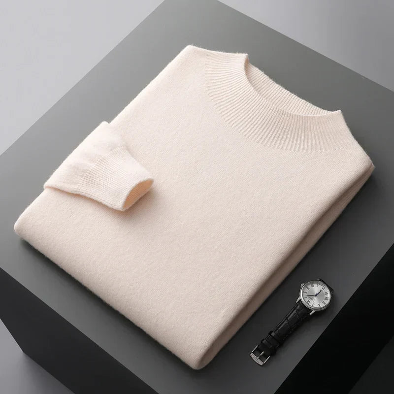 Men's Merino Sweater with Ribbed Mock Neck and Hem