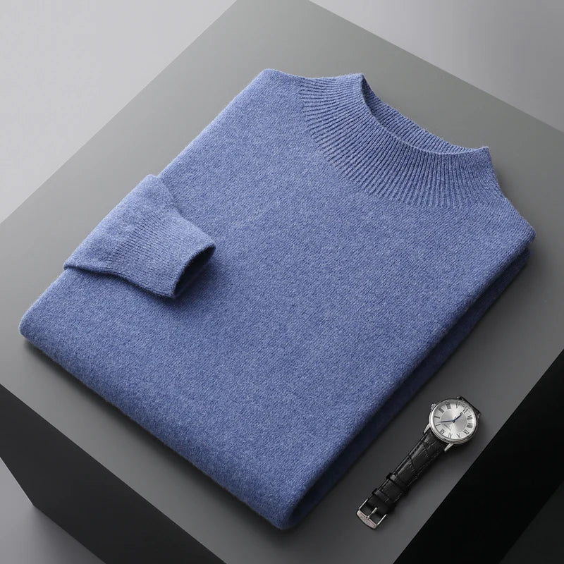 Men's Merino Sweater with Ribbed Mock Neck and Hem