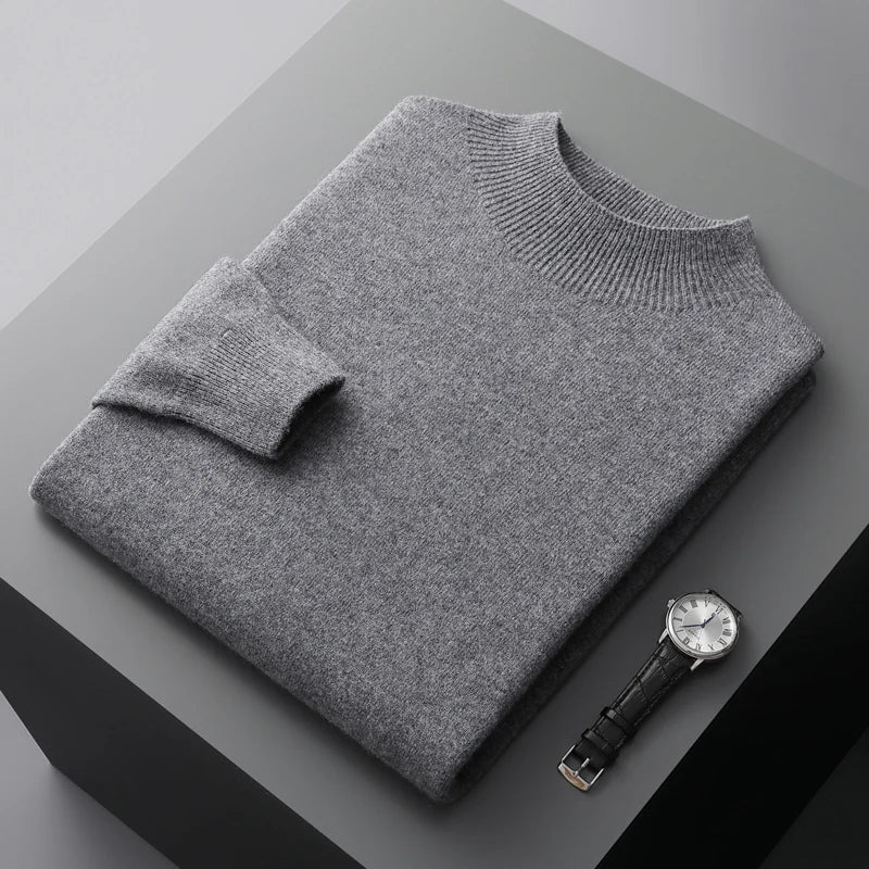 Men's Merino Sweater with Ribbed Mock Neck and Hem