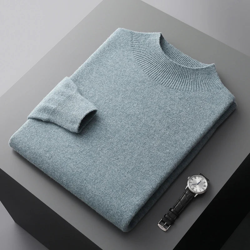Men's Merino Sweater with Ribbed Mock Neck and Hem