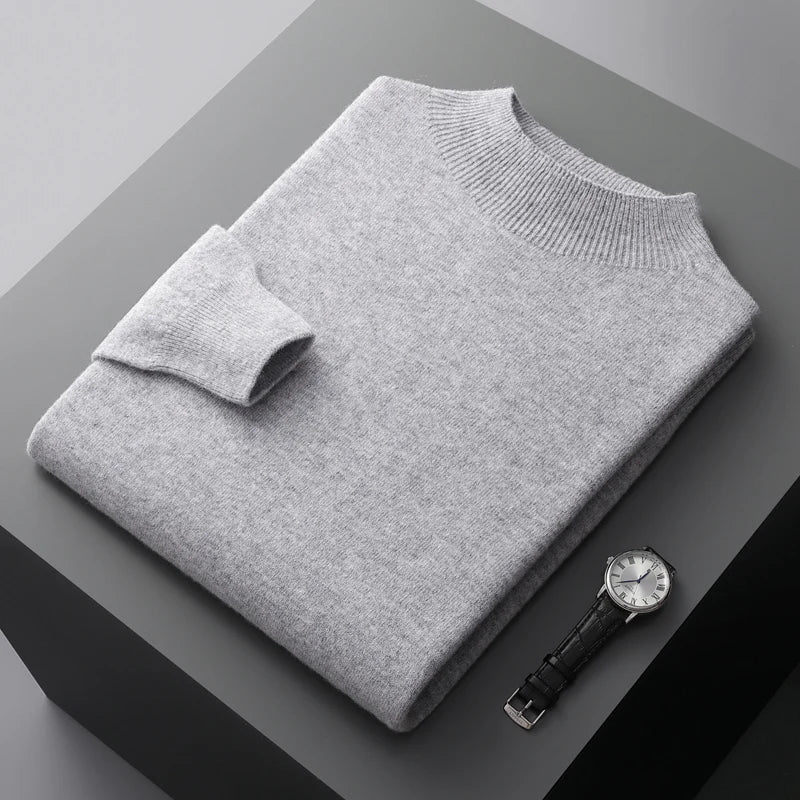 Men's Merino Sweater with Ribbed Mock Neck and Hem
