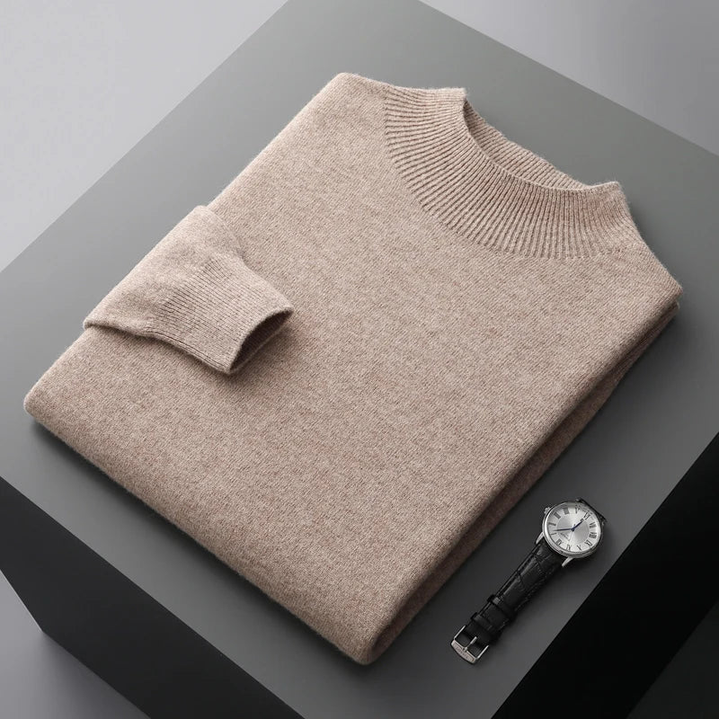 Men's Merino Sweater with Ribbed Mock Neck and Hem