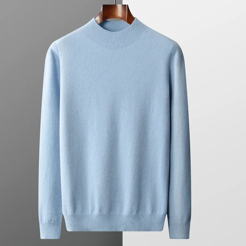 Men's Merino Sweater with Ribbed Mock Neck and Hem