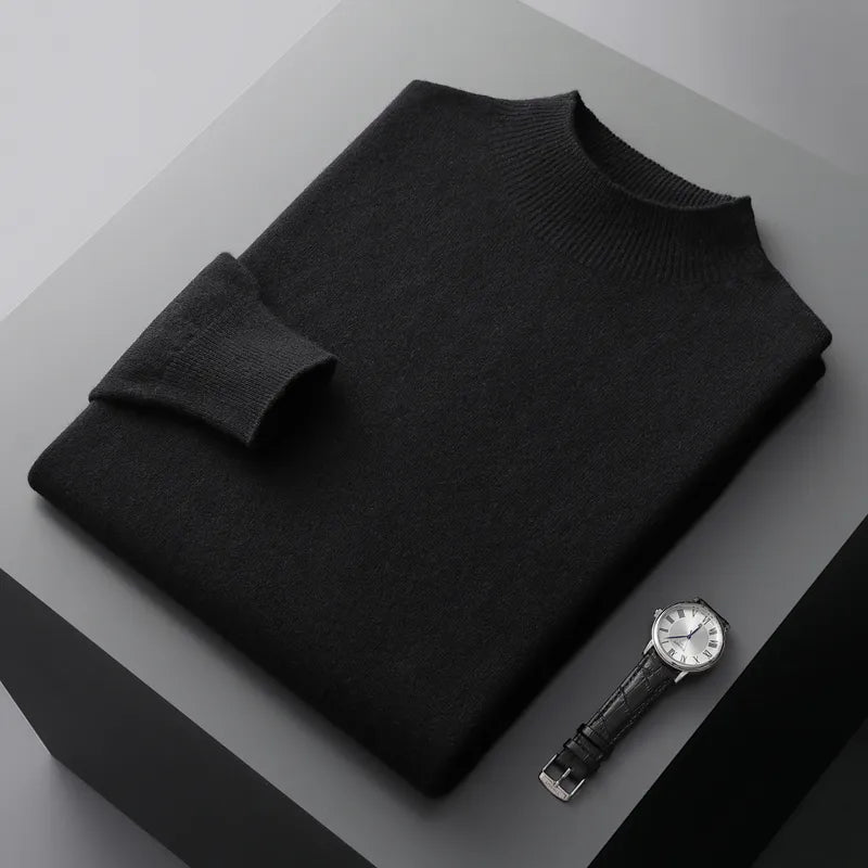 Men's Merino Sweater with Ribbed Mock Neck and Hem