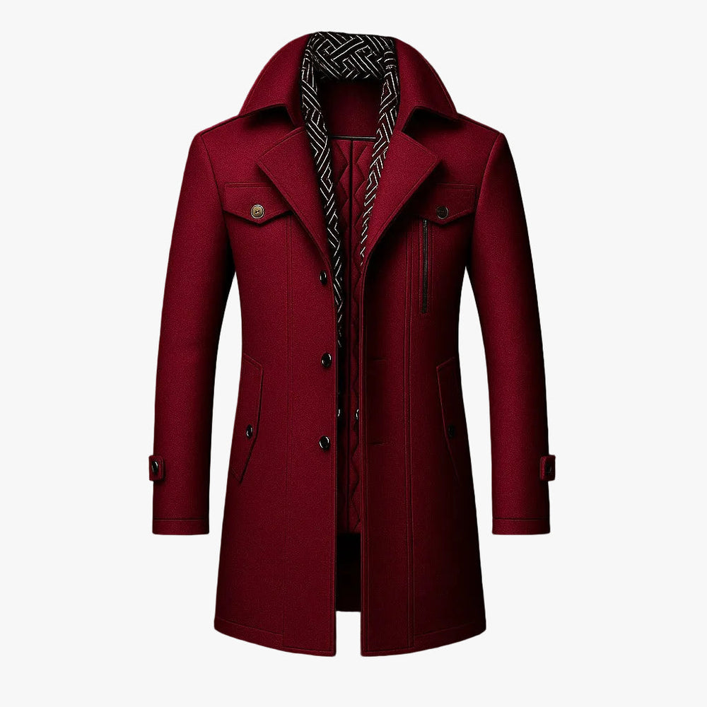 Men's Mid-Length Woven Coat with Double Collar and Button Front