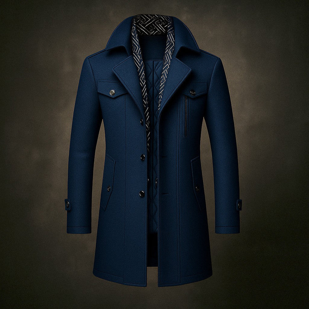 Men's Mid-Length Woven Coat with Double Collar and Button Front