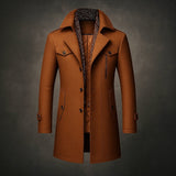 Men's Mid-Length Woven Coat with Double Collar and Button Front