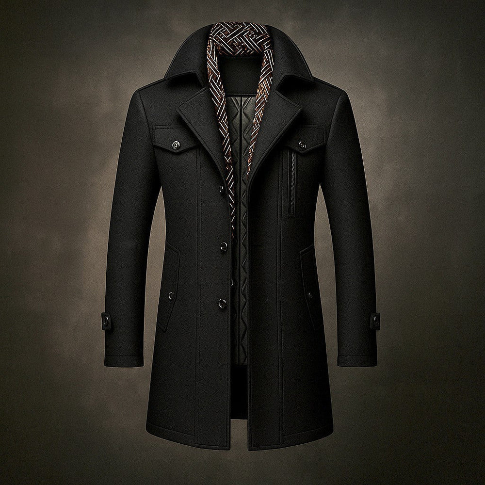 Men's Mid-Length Woven Coat with Double Collar and Button Front