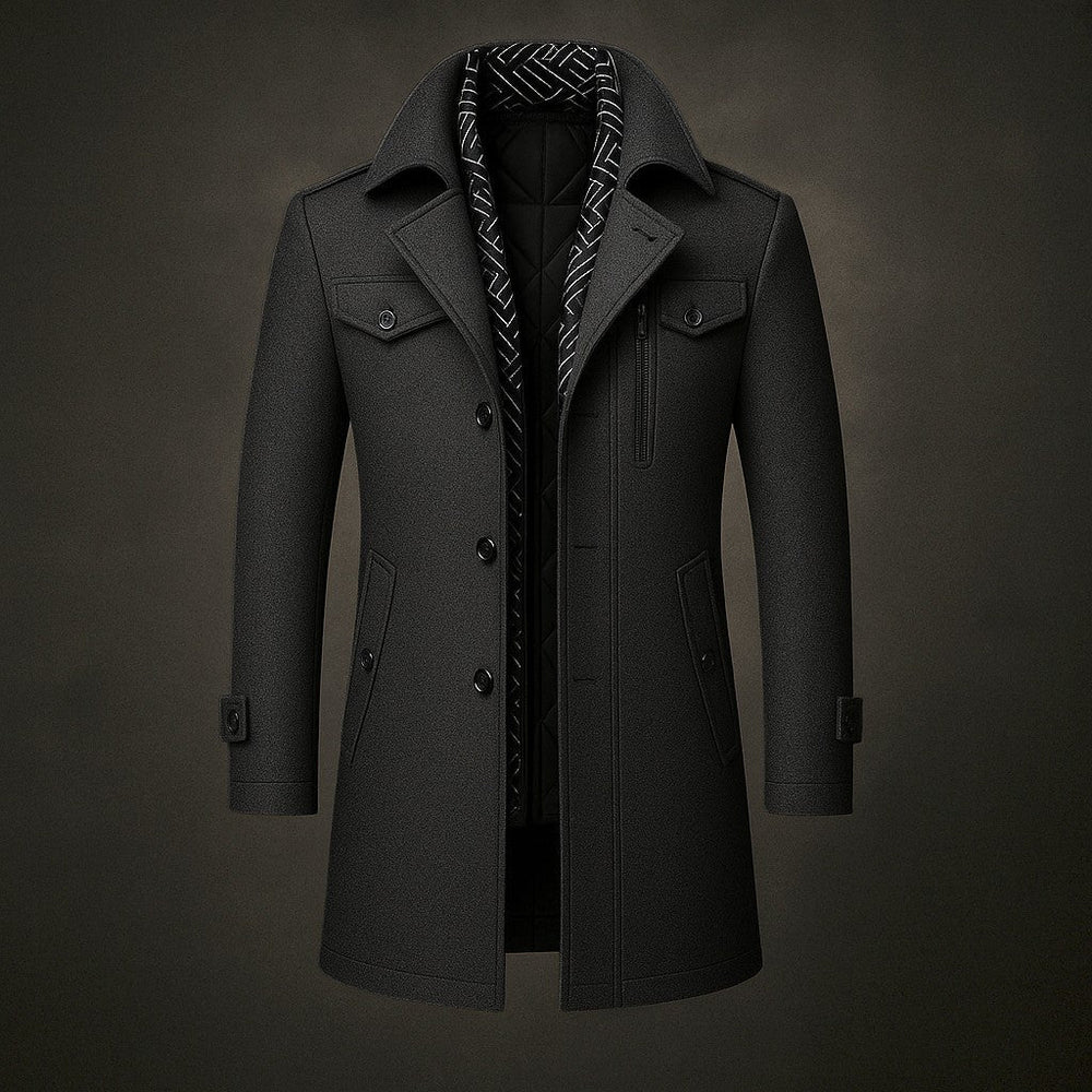 Men's Mid-Length Woven Coat with Double Collar and Button Front