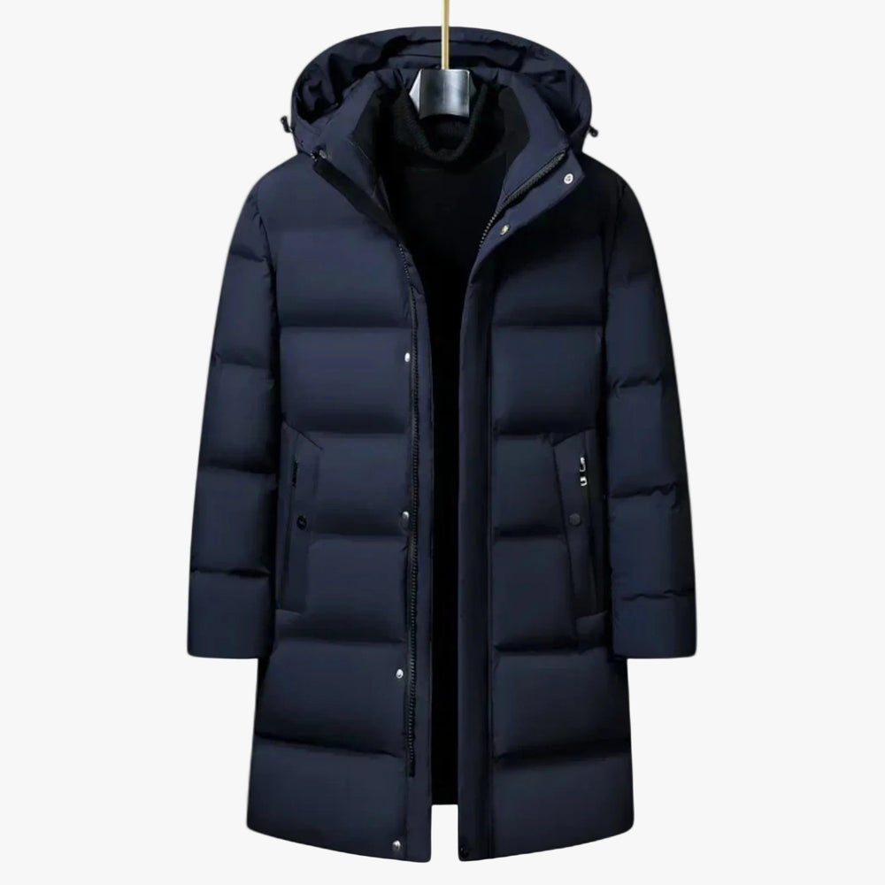 Men's Polyester-Blend Longline Parka with Hood and Quilted Panels