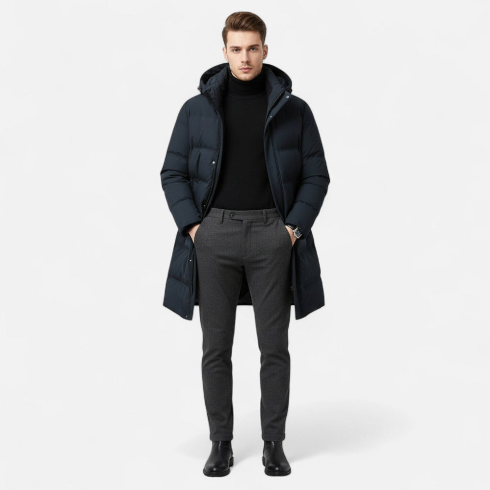 Men's Polyester-Blend Longline Parka with Hood and Quilted Panels