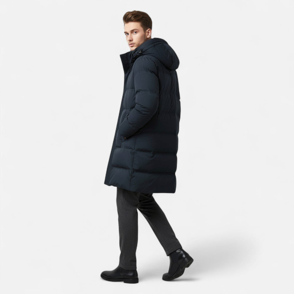 Men's Polyester-Blend Longline Parka with Hood and Quilted Panels