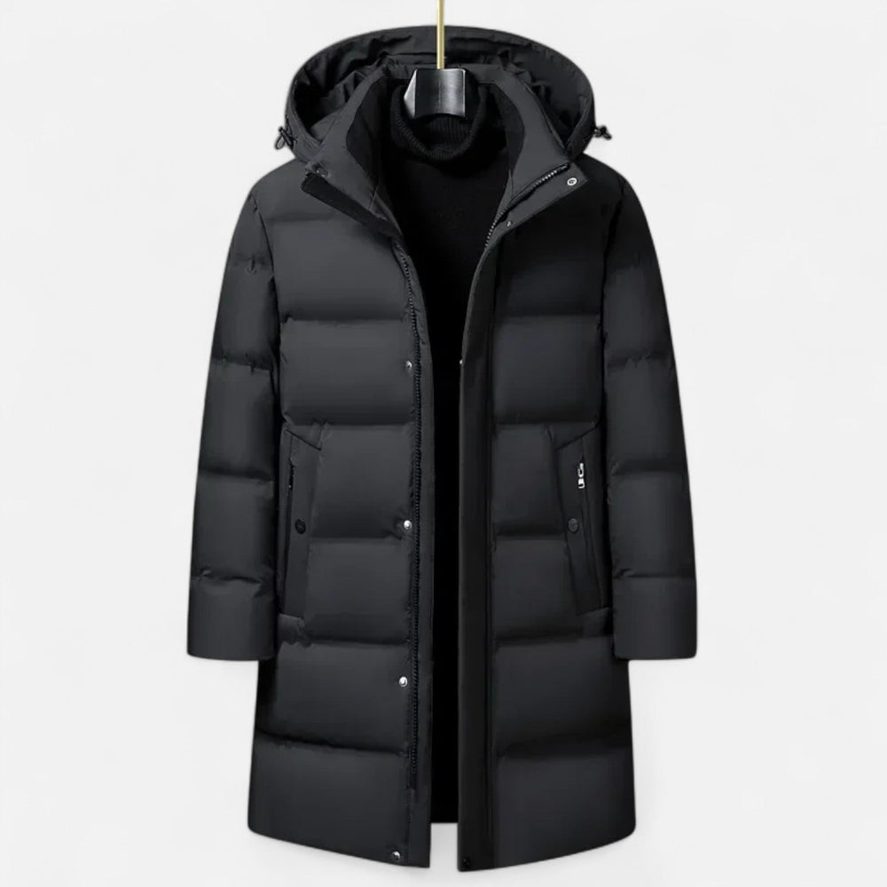 Men's Polyester-Blend Longline Parka with Hood and Quilted Panels