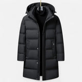 Men's Polyester-Blend Longline Parka with Hood and Quilted Panels