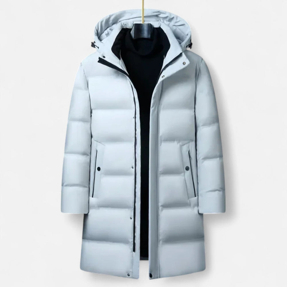 Men's Polyester-Blend Longline Parka with Hood and Quilted Panels