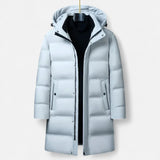 Men's Polyester-Blend Longline Parka with Hood and Quilted Panels