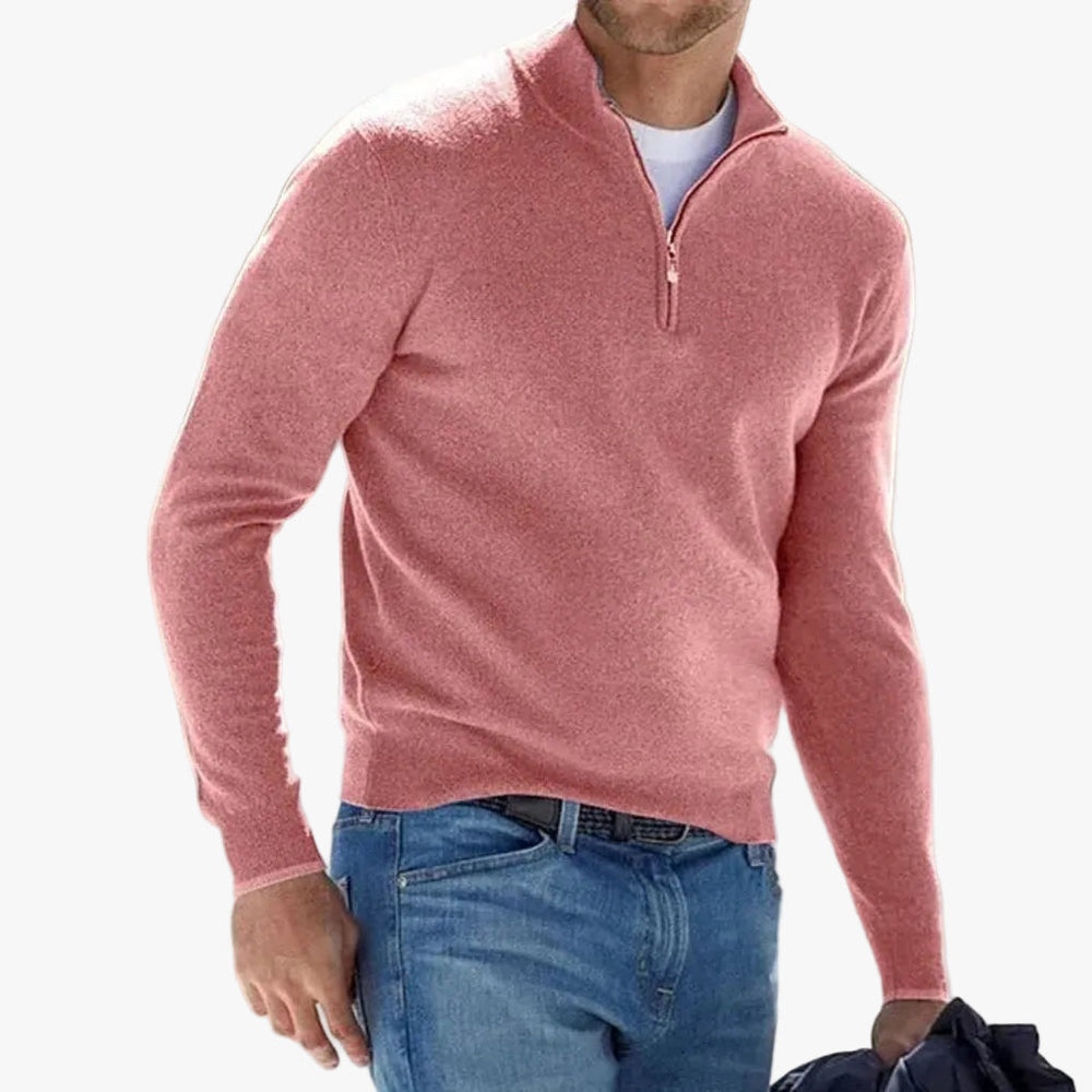 Men's Polyester Knit Sweater with Quarter Zip and Rib Hem