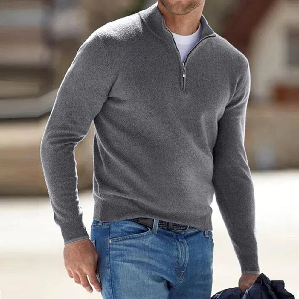Men's Polyester Knit Sweater with Quarter Zip and Rib Hem