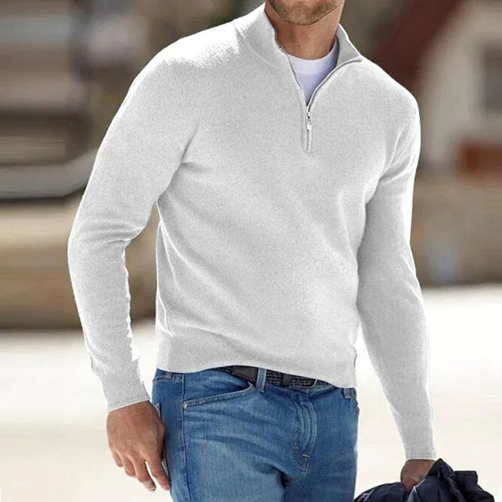 Men's Polyester Knit Sweater with Quarter Zip and Rib Hem
