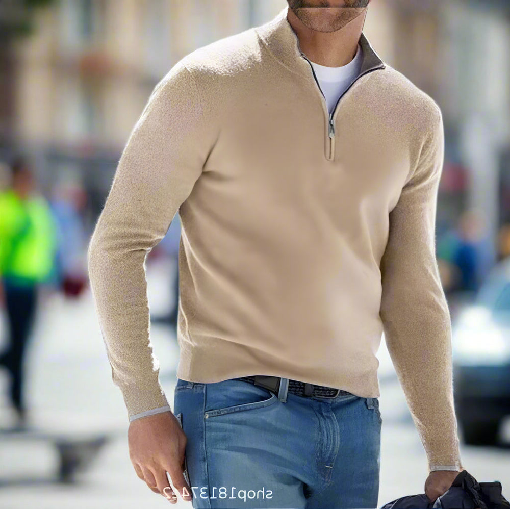 Men's Polyester Knit Sweater with Quarter Zip and Rib Hem