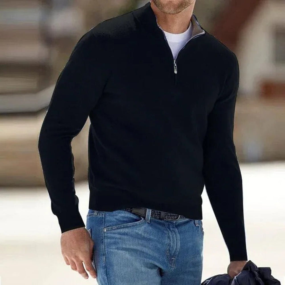 Men's Polyester Knit Sweater with Quarter Zip and Rib Hem