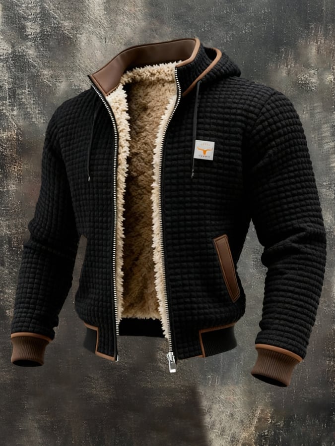 Men's Quilted Pile-Lined Winter Jacket with Hood and Zip Front