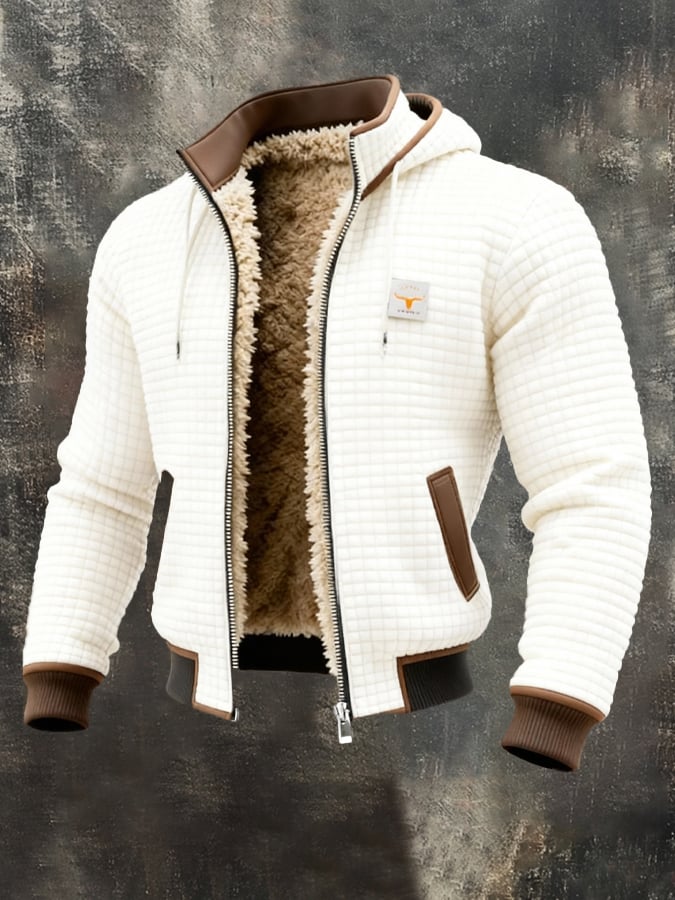 Men's Quilted Pile-Lined Winter Jacket with Hood and Zip Front