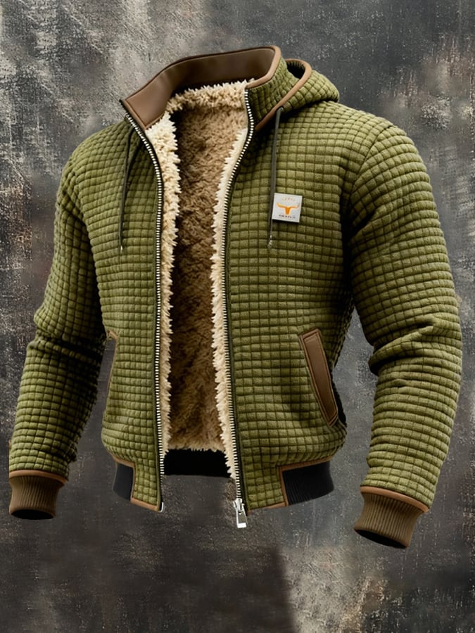 Men's Quilted Pile-Lined Winter Jacket with Hood and Zip Front