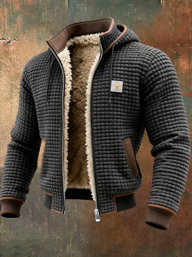 Men's Quilted Pile-Lined Winter Jacket with Hood and Zip Front