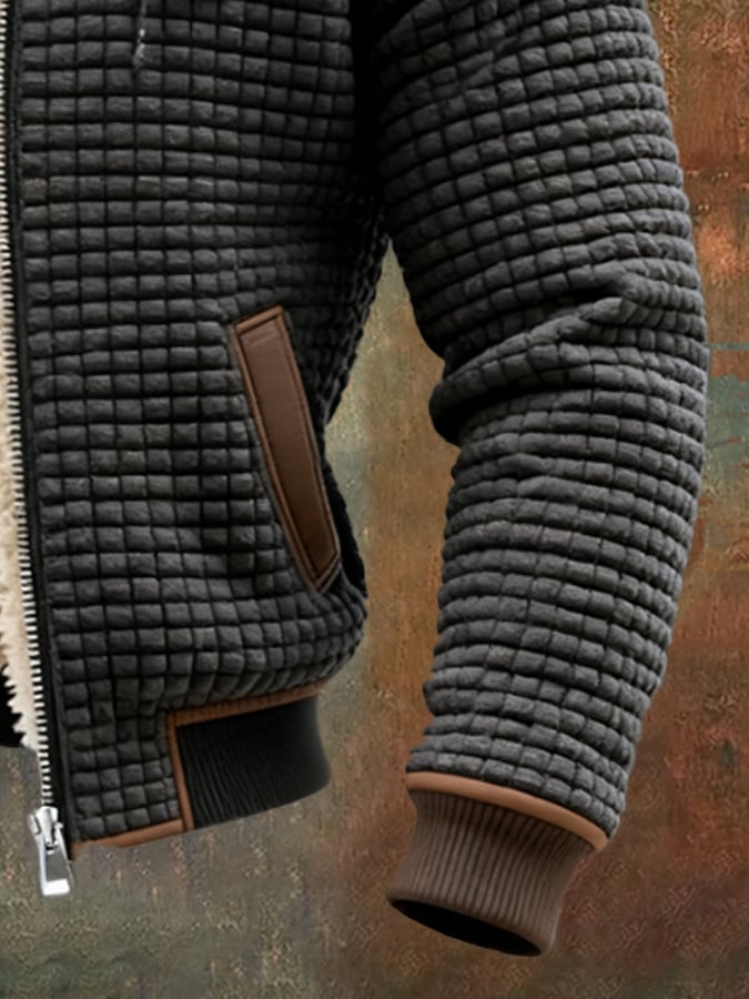 Men's Quilted Pile-Lined Winter Jacket with Hood and Zip Front