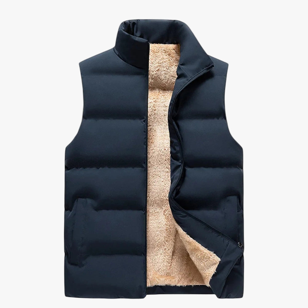 Men's Quilted Polyester Puffer Jacket with Fleece Lining and Stand Collar