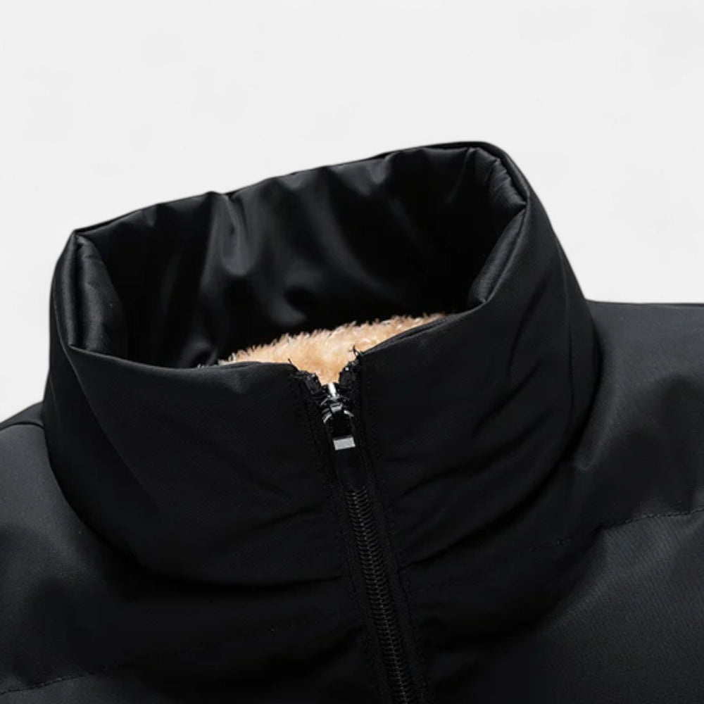 Men's Quilted Polyester Puffer Jacket with Fleece Lining and Stand Collar
