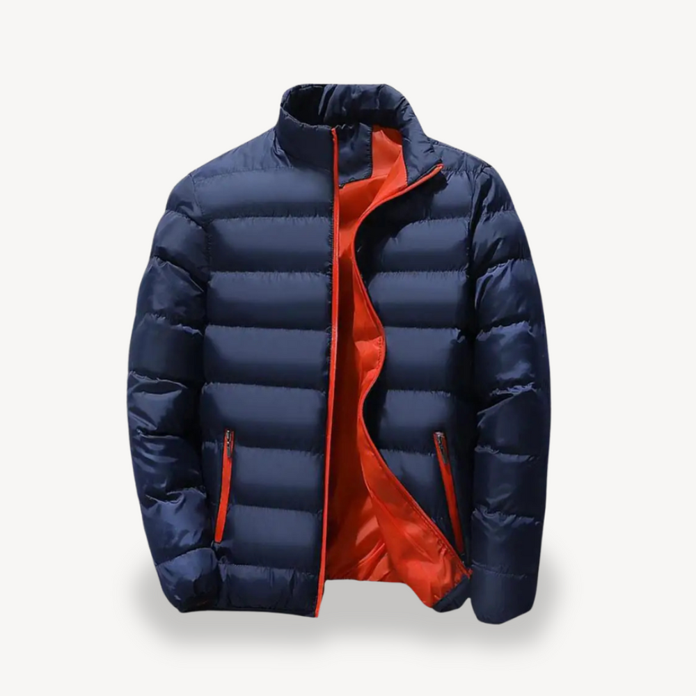 Men's Quilted Puffer Jacket with Stand Collar and Zip Pockets