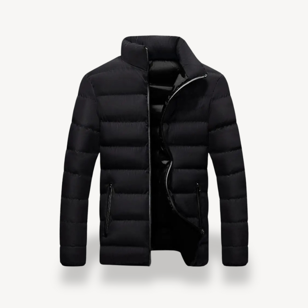 Men's Quilted Puffer Jacket with Stand Collar and Zip Pockets