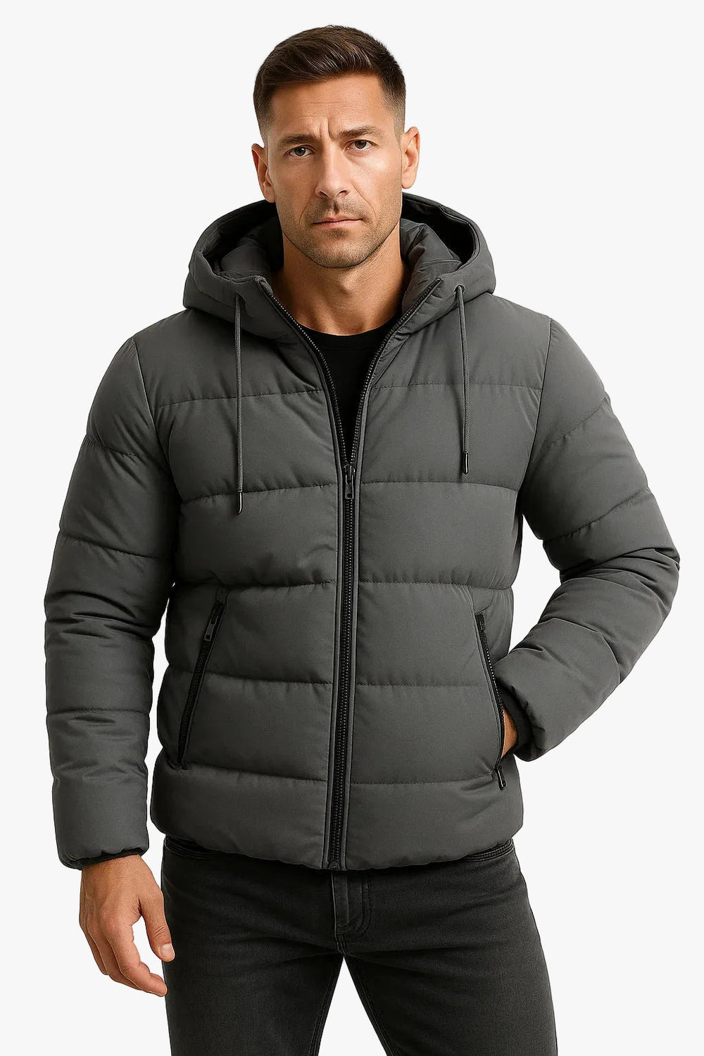 Men's Quilted Woven Jacket with Hood and Zip Pockets